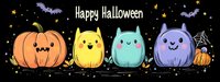 Cute kawaii style Halloween characters - pumpkin and colorful ghost cats sitting in row with bats and stars on black background. Festive spooky season design.