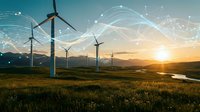 Wind turbines generating clean energy at sunset with digital network connections overlay representing smart grid technology and sustainable power solutions.