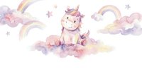 Cute watercolor unicorn sitting on fluffy clouds with rainbows and stars in pastel colors for nursery decor and children's designs.