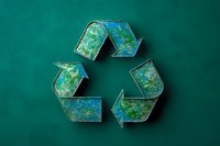 Recycling symbol made of textured blue and green earth-like material on dark green background, representing environmental conservation and sustainability.