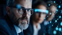 Mature bearded businessman wearing glasses in dark office with digital particles effect. Professional corporate portrait with futuristic technology concept.