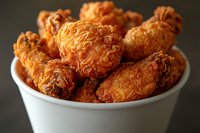 Crispy golden fried chicken wings piled in white ceramic bowl against dark background, showcasing crunchy texture and savory coating for food service presentation.