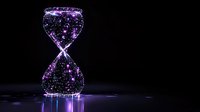 Glowing purple hourglass with sparkling particles and light effects on dark background symbolizing time passage and cosmic energy flow for digital art projects.