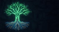 Digital tree with circuit board roots glowing in green and blue neon light on dark background for technology and nature fusion concepts.