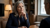 Mature woman with long gray hair and fair complexion wearing dark blazer, seated indoors with thoughtful expression, hand near chin, professional office setting with warm lighting and bookshelves.
