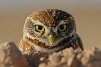 Close-up portrait of burrowing owl with bright yellow eyes and distinctive facial features perched on rocky terrain against blurred natural background.