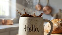Steaming coffee splashing out of a speckled ceramic mug with Hello text, fresh bread in cozy kitchen background, morning routine concept.
