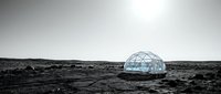 Futuristic geodesic dome structure glowing with blue light on barren, rocky lunar landscape under gray sky, suitable for sci-fi, space exploration, and architectural visualization projects.