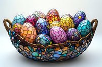 Colorful stained glass mosaic Easter eggs in decorative woven basket. Vibrant handcrafted holiday decorations featuring intricate geometric patterns and jewel tones.