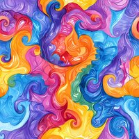 Vibrant swirling pattern with colorful waves in rainbow hues creates seamless abstract background. Flowing curves blend purple, yellow, blue, and orange in dynamic motion.