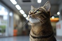 Curious tabby cat looking up with attentive expression, shallow depth of field portrait showing detailed whiskers and fur texture against blurred background.