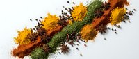 Colorful spice powder line with turmeric, paprika, herbs and star anise on white background. Culinary seasoning mix for cooking and food preparation.