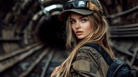 Young Caucasian woman in military style outfit and cap with long blonde hair against industrial railway background, moody atmospheric portrait.