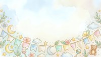 Pastel nursery garland with moon, stars, bunting flags, teddy bear, balloons and botanical elements on soft watercolor background for baby shower decorations.