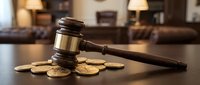 Wooden gavel with golden coins on desk in law office interior. Legal concept for financial litigation, bankruptcy, divorce settlements, and monetary disputes.