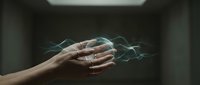 Young adult hand with glowing electric energy and blue lightning effects, symbolizing power, technology, innovation, and digital transformation for business and science concepts.