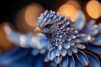 Artistic macro photograph of decorative bird made from blue metallic petals and crystals against blurred golden bokeh background, showcasing intricate craftsmanship.