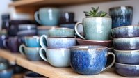 Handmade ceramic mugs and bowls in blue and green glazes displayed on wooden shelves. Artisan pottery collection for kitchen and dining decor.