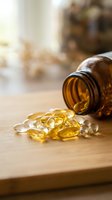 Amber glass bottle with golden vitamin capsules spilling onto wooden surface in bright natural light for health and wellness supplement concepts.
