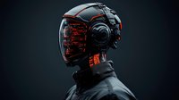 Futuristic cyberpunk helmet with glowing red elements and transparent visor on dark background, side view of advanced technological protective gear design.