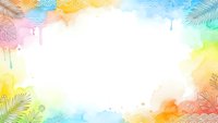 Tropical watercolor frame with palm leaves and vibrant rainbow colors creating copy space for summer designs and vacation promotions.