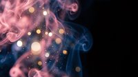 Abstract colorful smoke swirls in pink and blue with golden bokeh lights on dark background for creative design projects and digital art compositions.