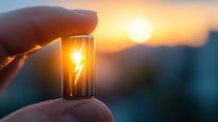 Hand holding glass vial with glowing lightning bolt symbol against sunset sky, representing clean renewable energy and power innovation concept.