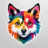 Colorful fox head portrait in rainbow gradient style with white outline on isolated background. Modern artistic design for stickers and decorative prints.