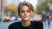 Young woman with multicolored hair streaks in urban setting, wearing black top, street portrait for lifestyle and fashion content.