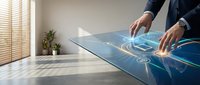 Businessman using futuristic holographic interface with global network connections on interactive touchscreen table in modern office environment.