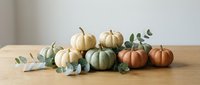 Autumn harvest display with colorful mini pumpkins and eucalyptus leaves arranged on wooden surface for seasonal home decor and thanksgiving celebration.