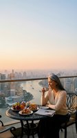 Young professional woman enjoying morning coffee and breakfast on luxury high-rise balcony overlooking city skyline at sunrise for lifestyle content.