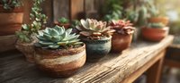 Collection of succulent plants in decorative ceramic pots arranged on rustic wooden shelf, creating cozy home garden atmosphere with natural light.