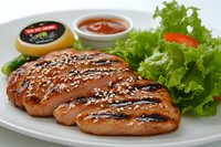 Grilled chicken breast with sesame seeds served on white plate with fresh lettuce salad and sauce for healthy protein meal and restaurant dining.