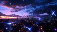 Futuristic cityscape with wind turbines and glowing lights against dramatic purple sunset sky, featuring modern skyscrapers and flying vehicles in neon atmosphere.