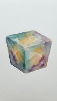 Watercolor geometric cube with soft gradient colors transitioning from teal, yellow, and purple tones. Isolated on white background, ready for design projects, presentations, and creative applications.