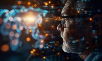 Senior Caucasian man in glasses looking at glowing network connections and digital interface visualization against dark background with bokeh lights.