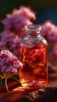 Glass bottle with rose essential oil and pink flowers in soft evening light, creating romantic wellness atmosphere for spa and aromatherapy concepts.