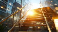 Modern glass office building exterior with sunlight reflection and lens flare effect creating dramatic architectural perspective at sunset.