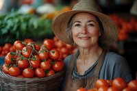 Mature Caucasian woman in straw hat and apron smiling at farmers market with fresh vine tomatoes in wicker basket, representing healthy local produce and farming.