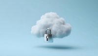 Floating white fluffy cloud with metal padlock underneath on light blue background, representing cloud computing security and data protection concept.