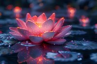 Magical glowing pink lotus flower floating on dark water with bokeh lights and sparkles, perfect for meditation, wellness, and spiritual designs.