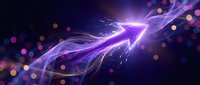 Growth arrow pointing upward with glowing purple and blue energy waves, bokeh lights, and dynamic motion effects on dark background for business success concepts.