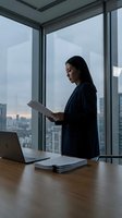 Asian female professional in dark blazer reviewing documents at modern office desk with laptop, overlooking cityscape from high-rise window for business, corporate, and workplace concepts.