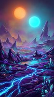 Alien planet landscape with twin suns and glowing river flowing through purple mountains under cosmic sky for sci-fi fantasy gaming backgrounds.