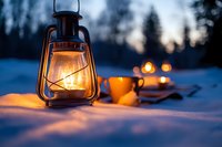 Glowing vintage oil lamp and steaming cup on snowy ground at dusk, creating cozy winter atmosphere with warm light against dark forest background.