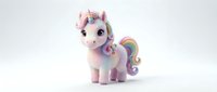 Cute pastel unicorn toy with rainbow mane and tail on white background. Magical fantasy character for children's designs and nursery decor.
