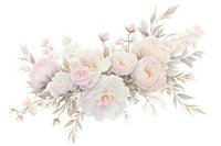 Delicate blush pink and cream peonies with soft gray leaves in watercolor style arrangement on white background, isolated floral design element for wedding stationery.