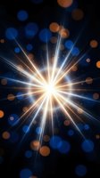 Bright starburst light explosion with radial beams and bokeh circles on dark background for festive celebrations and cosmic energy concepts.
