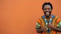 Young African man wearing traditional dashiki shirt smiling at camera against orange background, suitable for cultural diversity, lifestyle, and portrait stock photography.